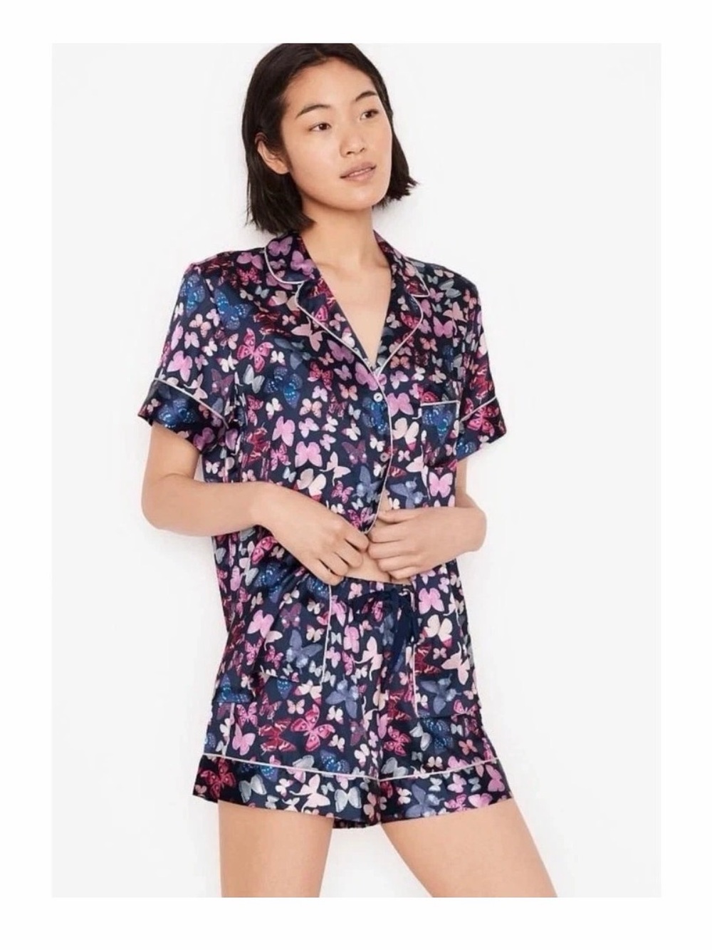 Victoria's Secret Butterfly Satin Pajama Top Women's Small Black Purple Blue